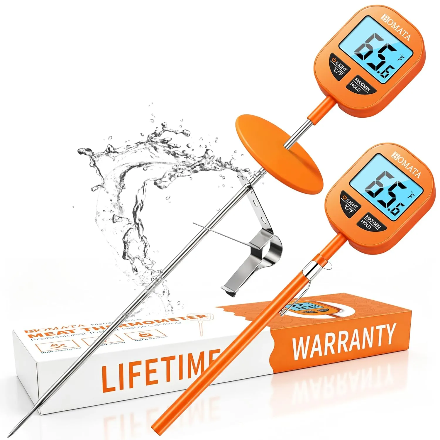 Orange digital thermometer with a metal probe and display