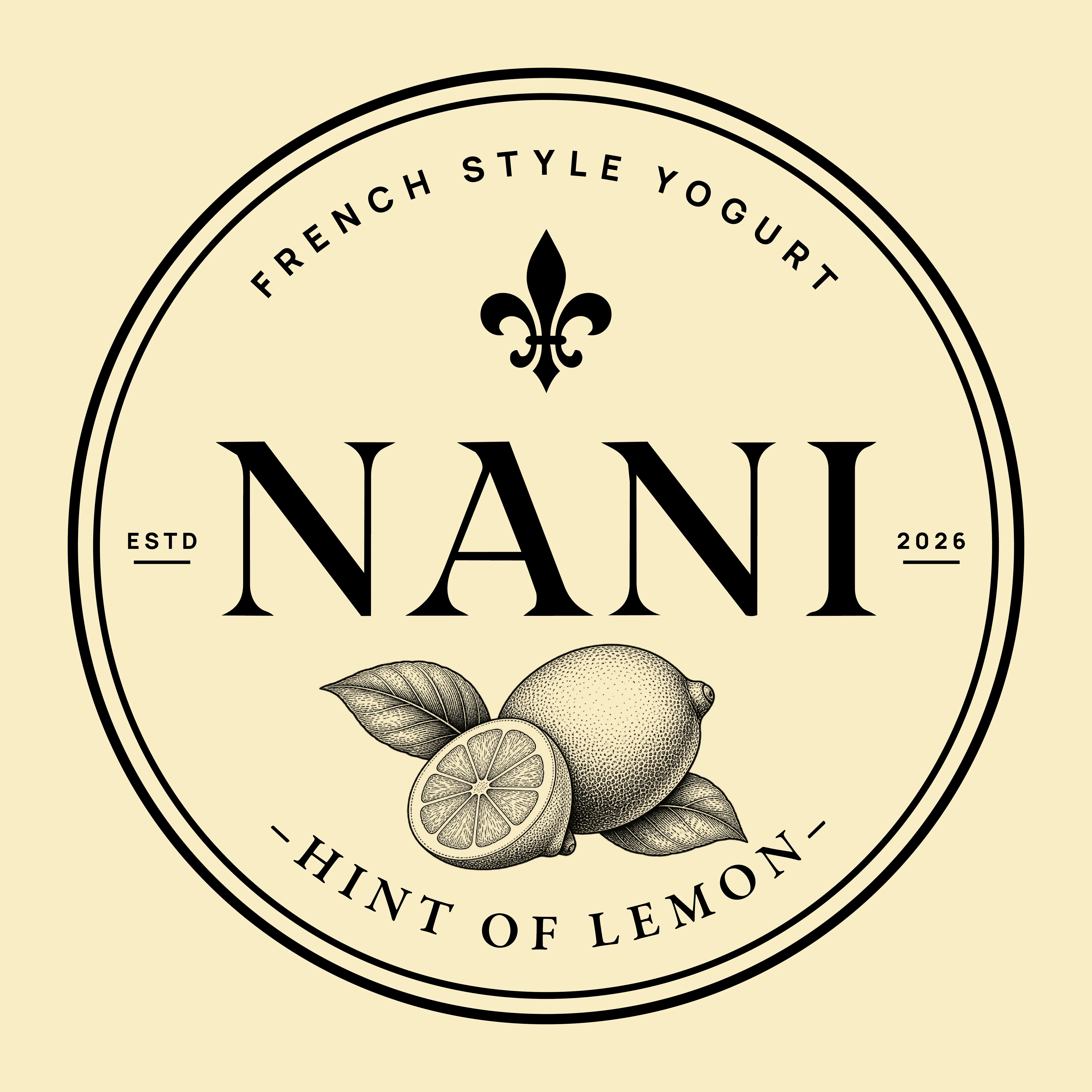 NANI French Style Yogurt Hint of Lemon circular label artwork with illustrated lemons and leaves