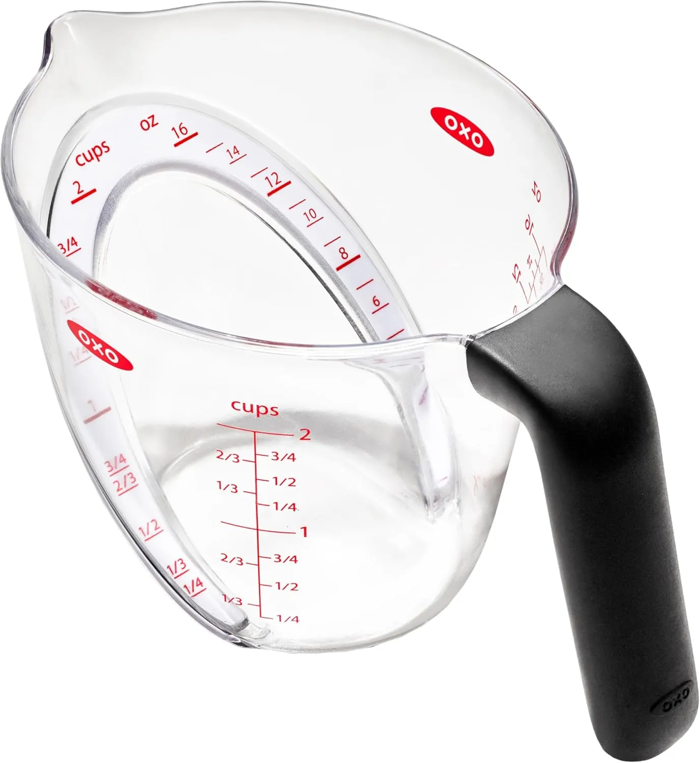 OXO angled measuring cup with red measurement markings and black handle