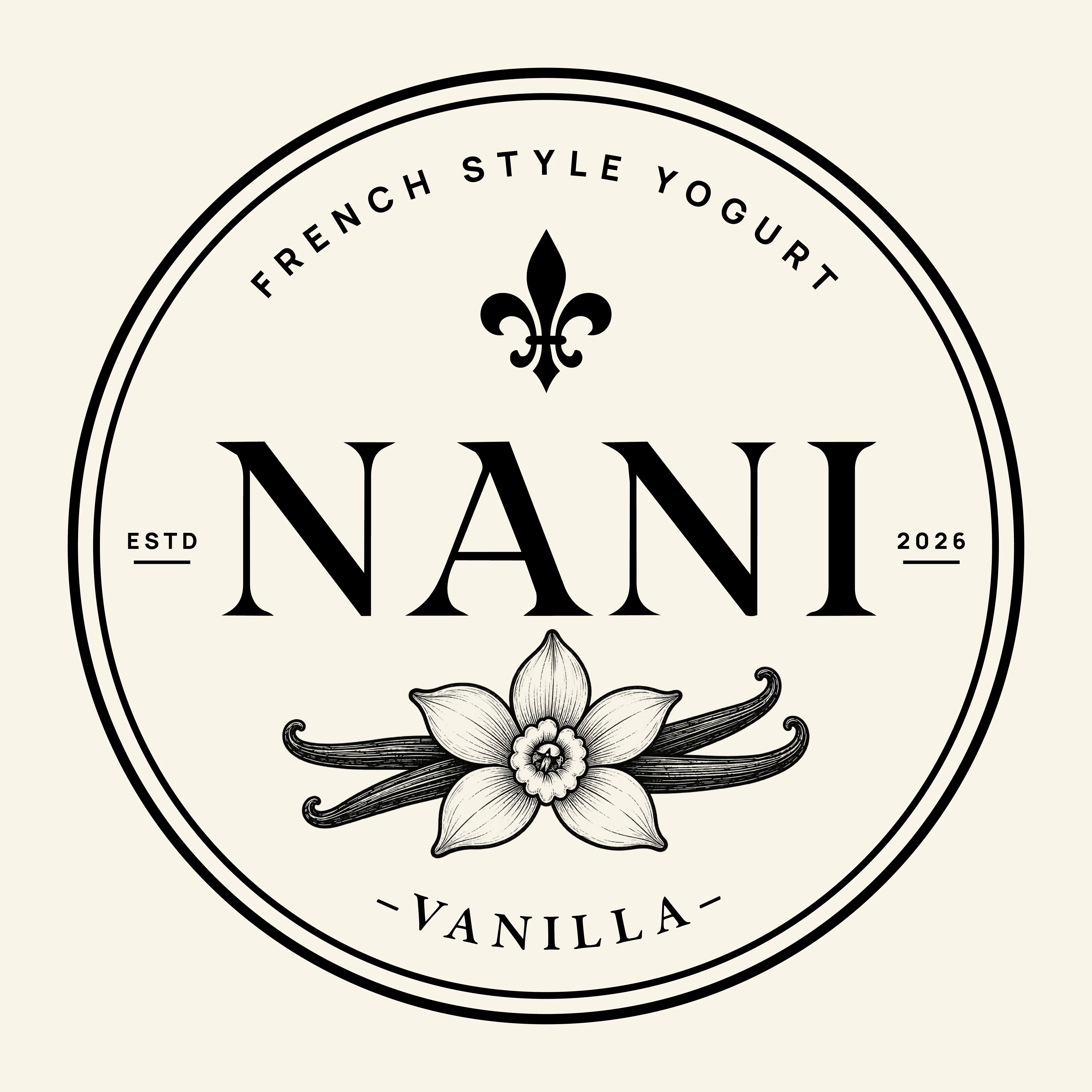 NANI French Style Yogurt Vanilla circular label artwork with a vanilla blossom and beans