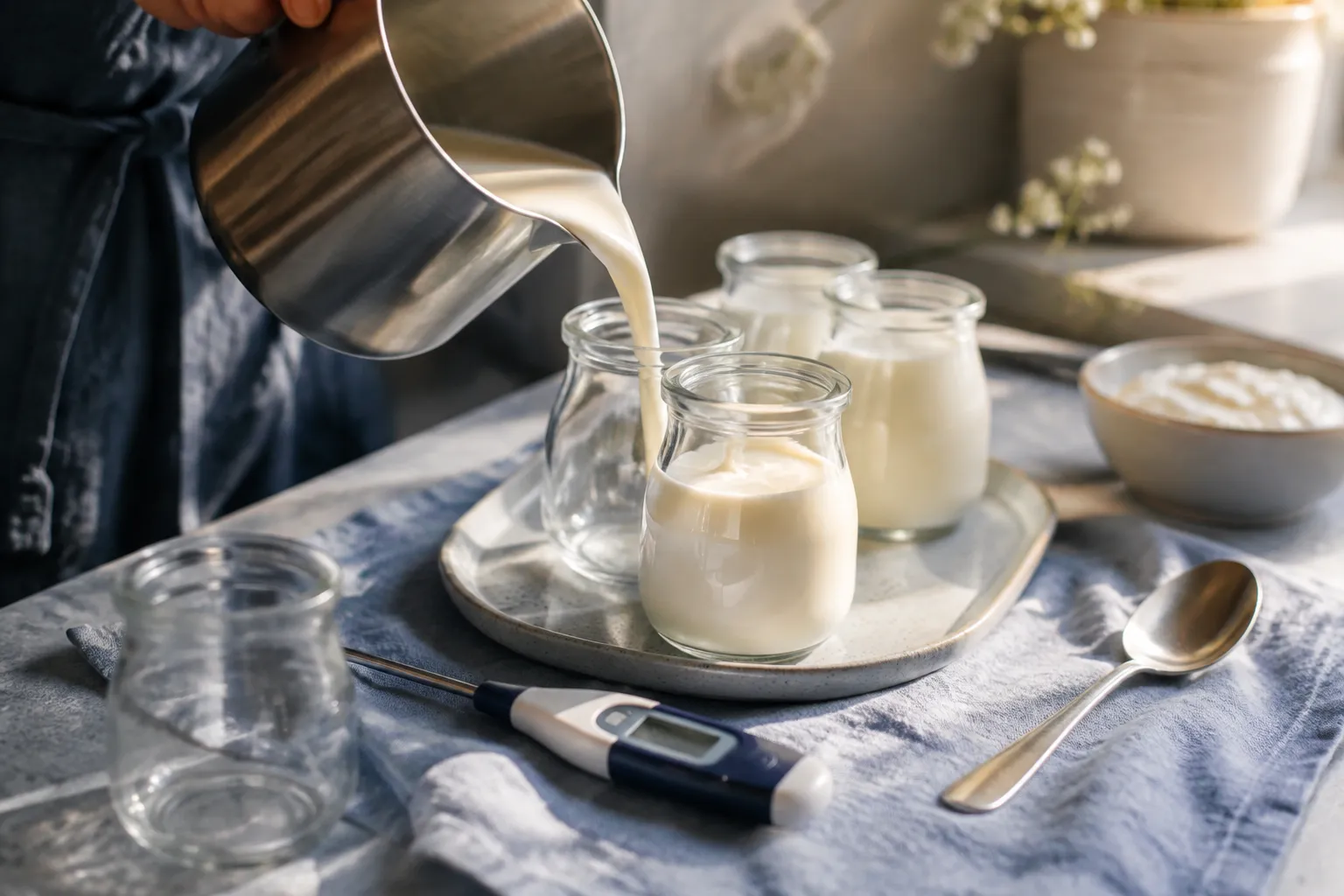 Milk being poured into glass yogurt jars beside a thermometer